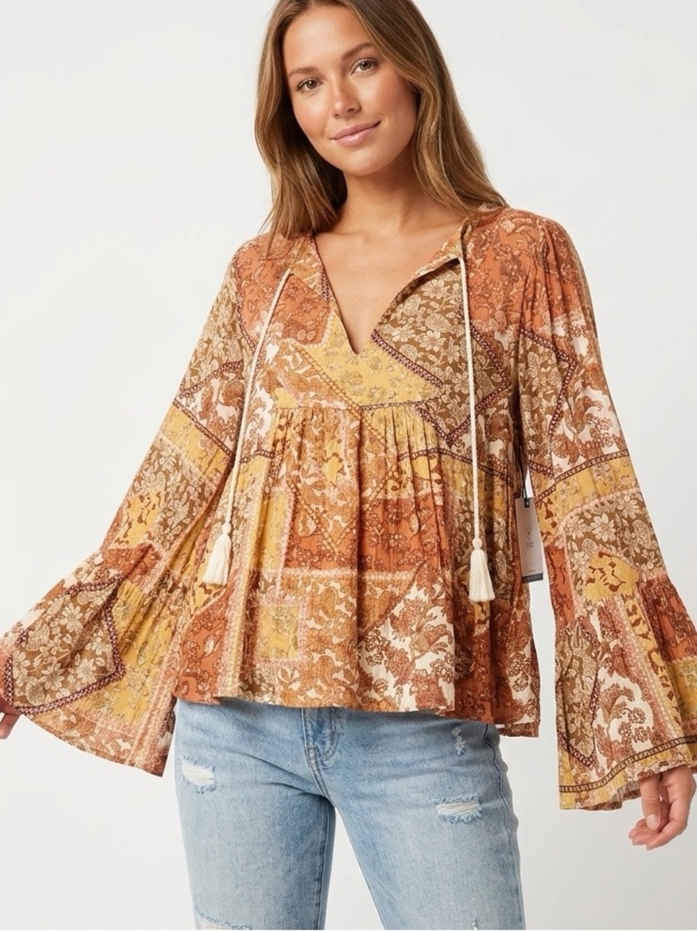 NEW Rip curl Tassel Bell Sleeve Top Blouse SMALL Boho Beach Surf Rust NEW